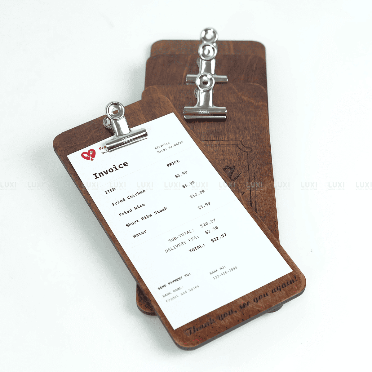 KẸP BILL TÍNH TIỀN KHẮC TÊN THƯƠNG HIỆU - LUXI DECOR