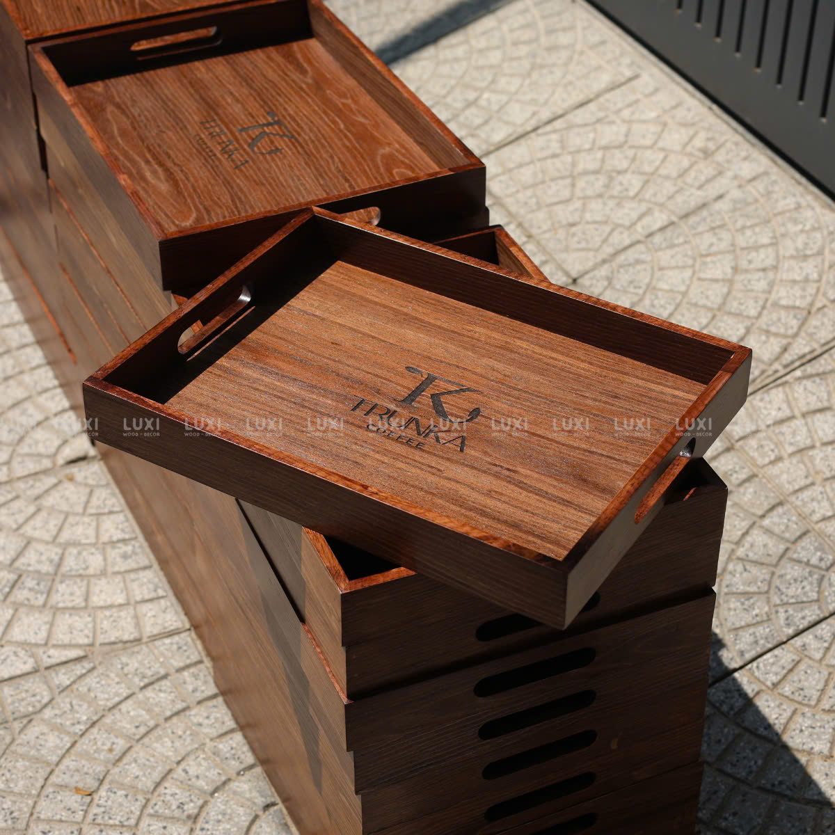 KHAY GỖ BƯNG TRÀ, COFFEE, FREE KHẮC LOGO - LUXI DECOR