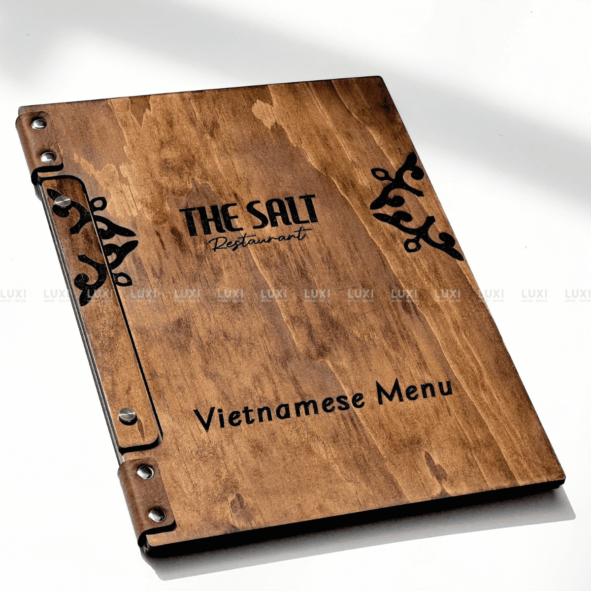 MENU GỖ SIZE A4 ĐÍNH DA BÒ THẬT BANGLADESH - LUXI DECOR.