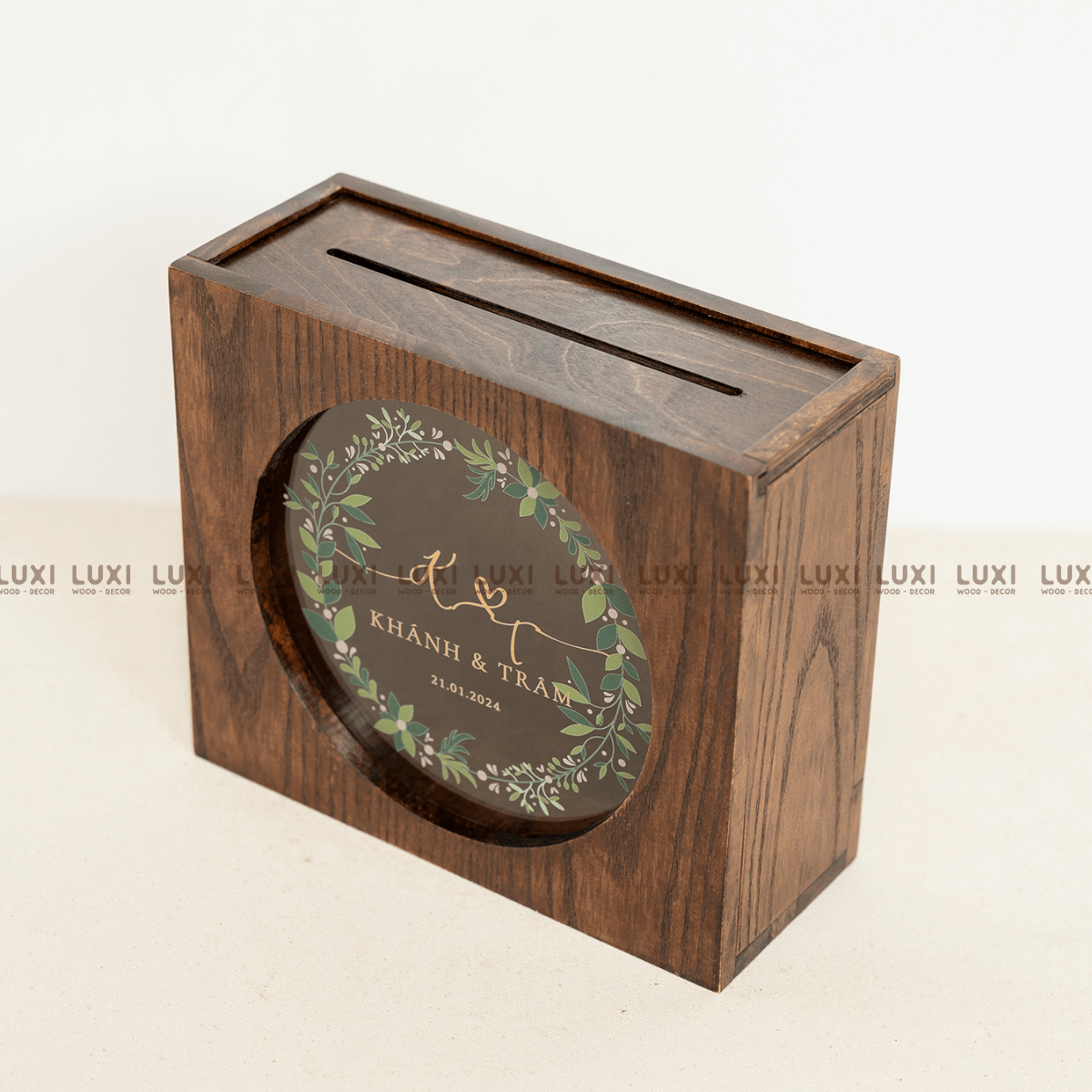 [FREE THIẾT KẾ ] HỘP/THÙNG MỪNG CƯỚI BẰNG GỖ CÓ MẶT MICA PHONG CÁCH CỔ ĐIỂN, SANG TRỌNG - LUXI DECOR