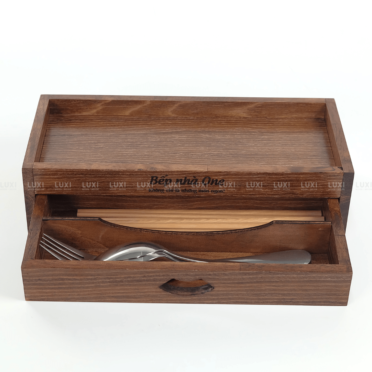 HỘP ĐỰNG ĐŨA GỖ 2 NGĂN - LUXI DECOR