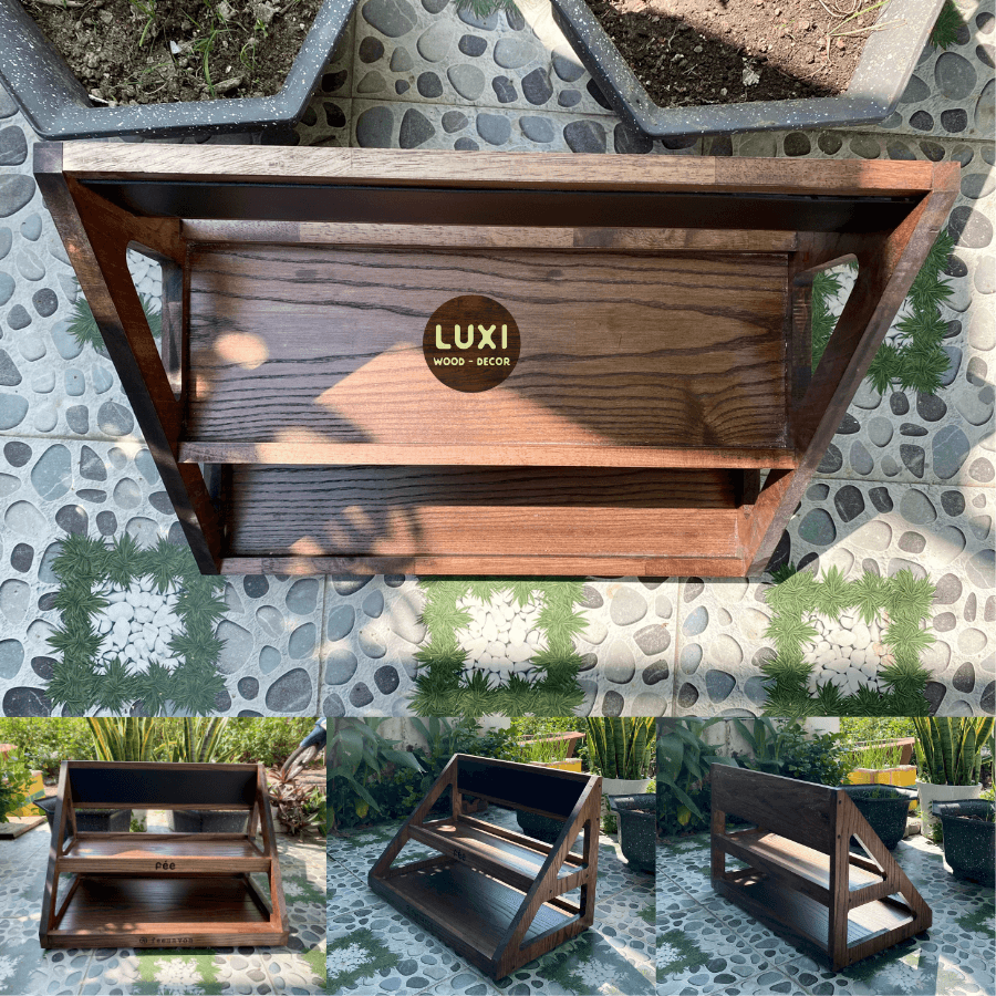 KỆ GỖ HAI TẦNG ĐA NĂNG TRƯNG BÀY BÁNH NGỌT, TRÁI CÂY, SUSHI, BÁNH MỲ, MẪU SANG TRỌNG 2025 – LUXI Decor