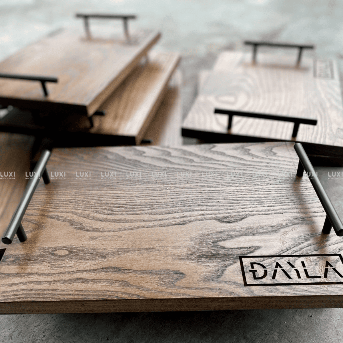 KHAY GỖ TAY CẦM KIM LOẠI INOX CAO CẤP - LUXI DECOR