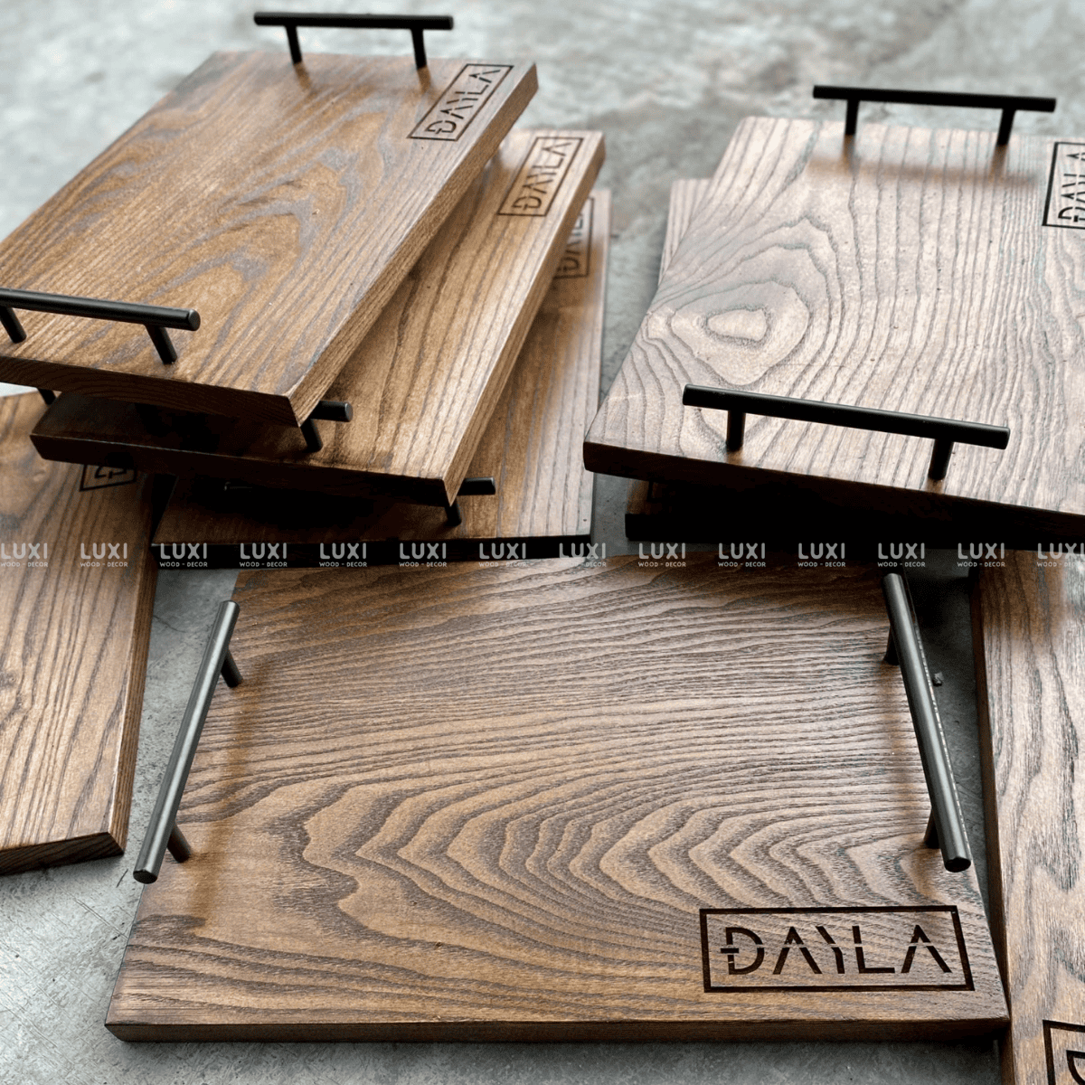 KHAY GỖ TAY CẦM KIM LOẠI INOX CAO CẤP - LUXI DECOR