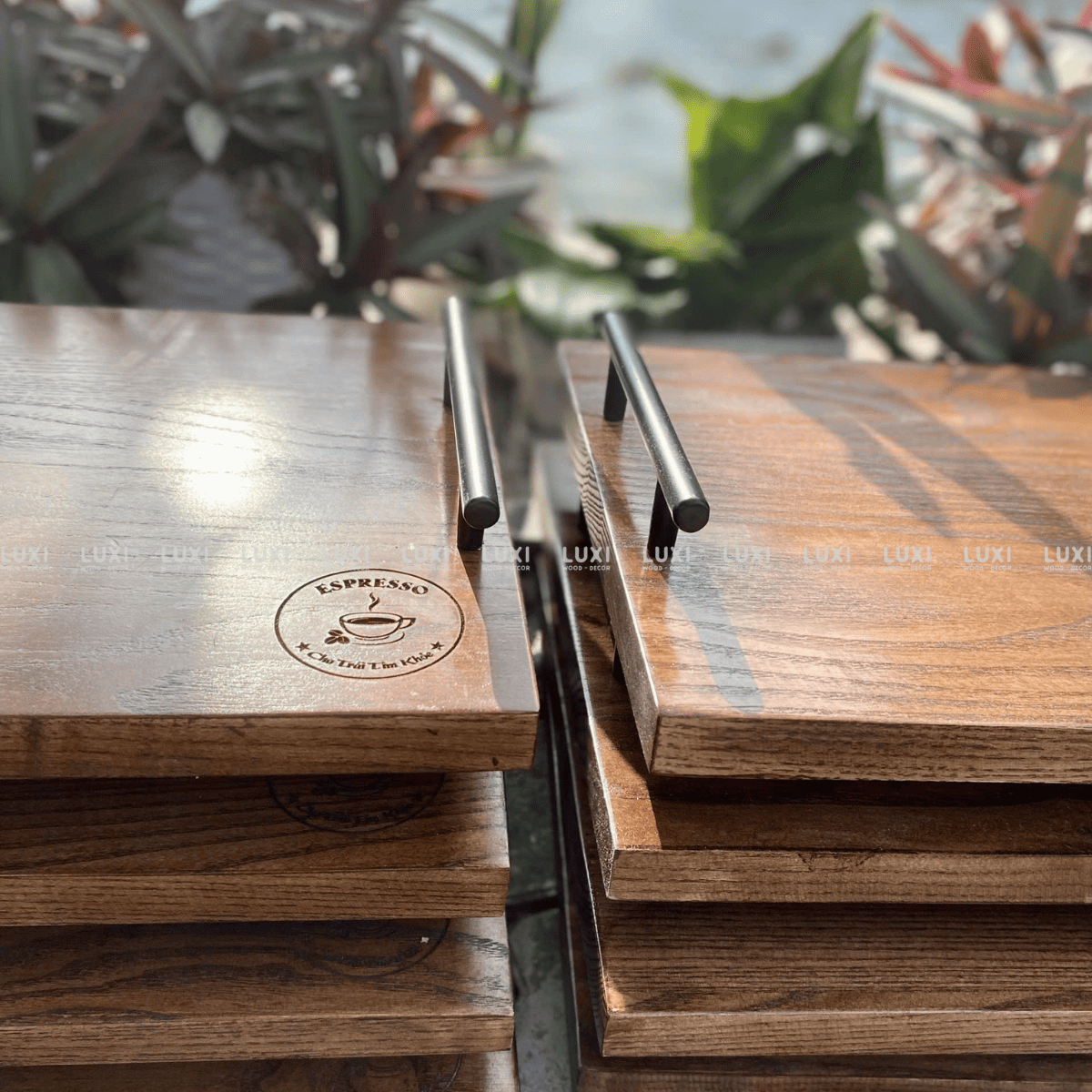 KHAY GỖ TAY CẦM KIM LOẠI INOX CAO CẤP - LUXI DECOR