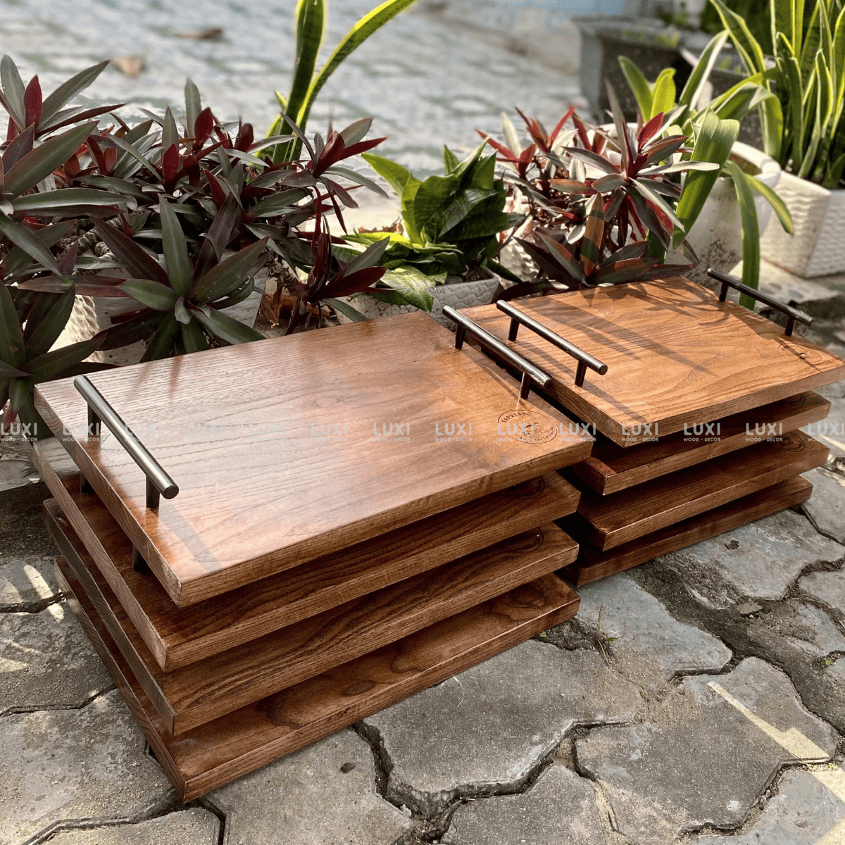 KHAY GỖ TAY CẦM KIM LOẠI INOX CAO CẤP - LUXI DECOR