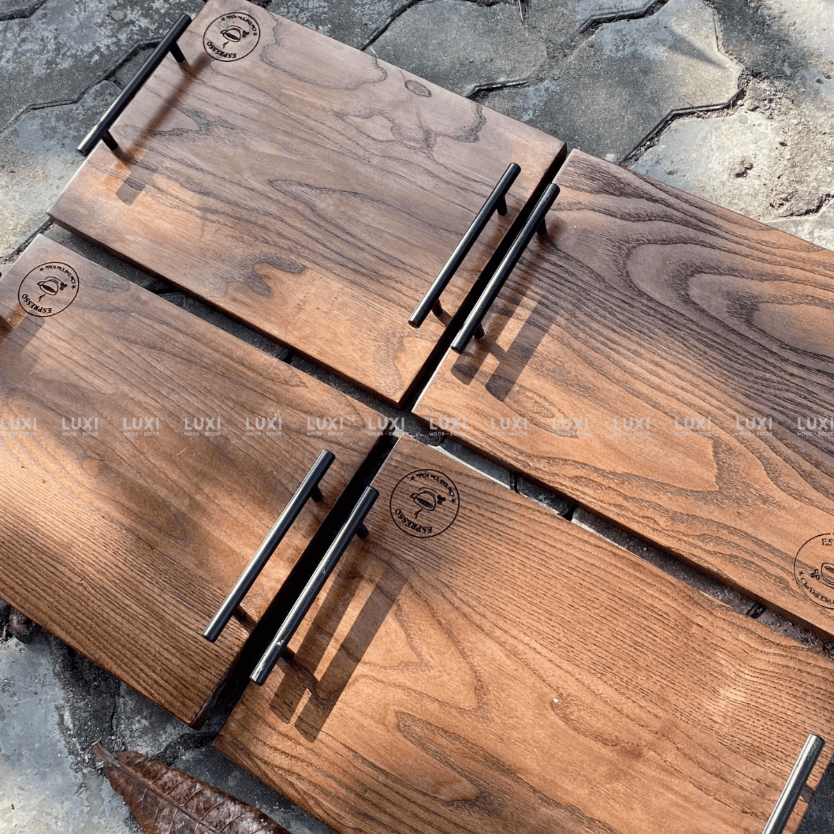 KHAY GỖ TAY CẦM KIM LOẠI INOX CAO CẤP - LUXI DECOR