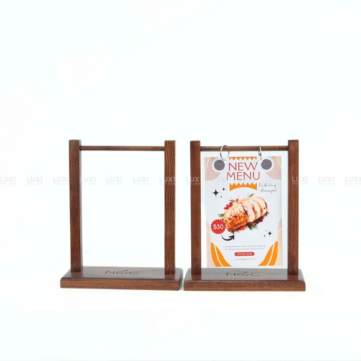 MENU GIÁ TREO ĐẾ BẰNG BỎ VỪA GIẤY A4, A5, A6 - KHẮC LOGO -  LUXI DECOR