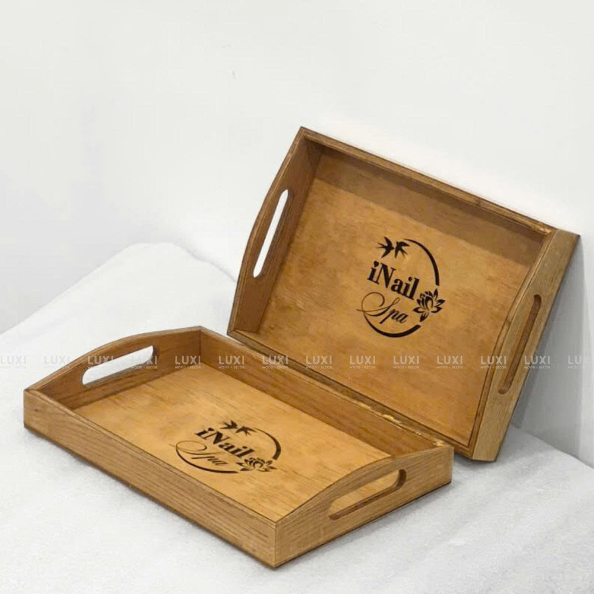 Khay Gỗ Chữ Nhật Bưng Trà Cafe Có Tay Cầm Khoét Lỗ Khắc Laser Logo Cho Spa Nhà Hàng