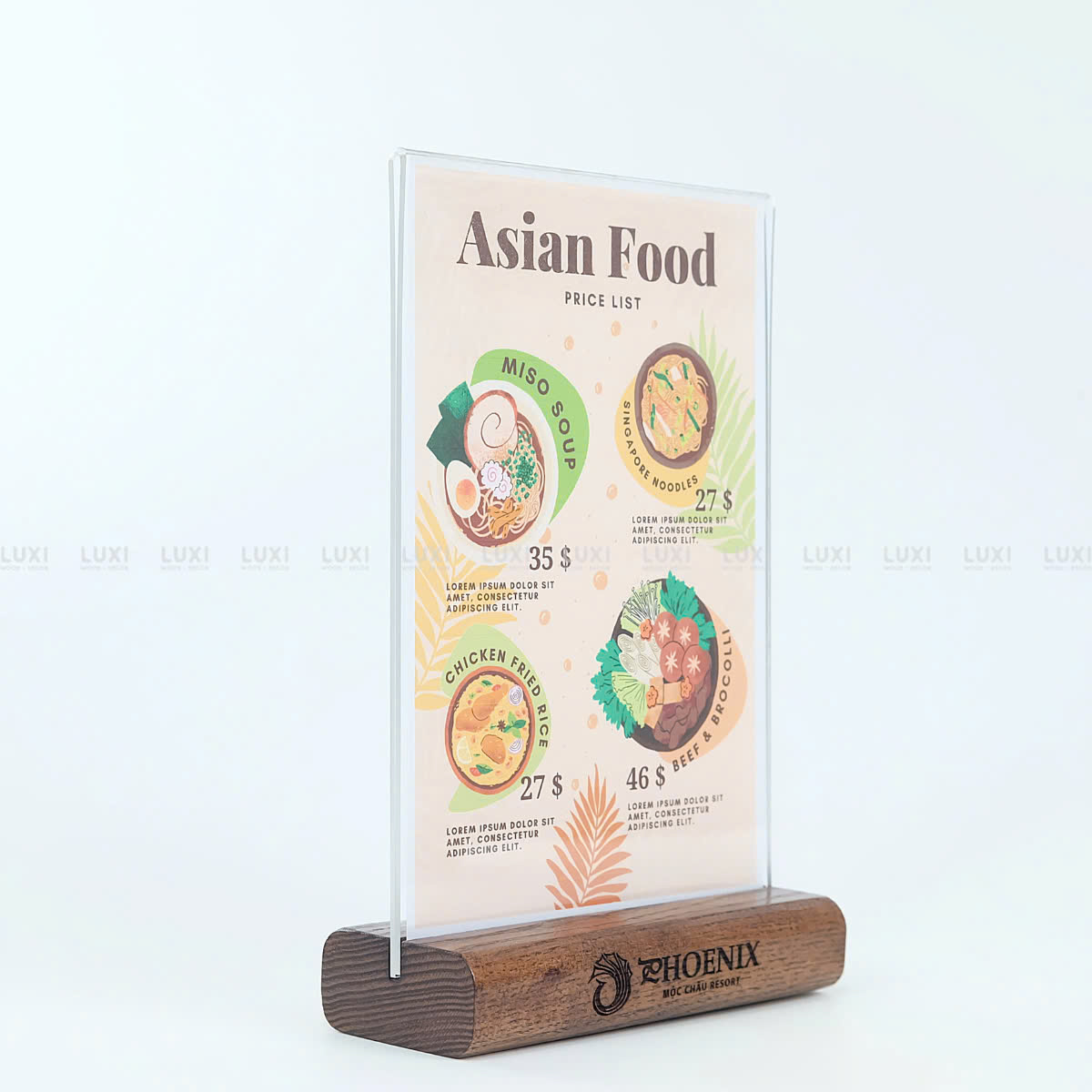 Menu Mica đế gỗ A4/A5/ đẹp, nhỏ nhắn - Luxi Decor