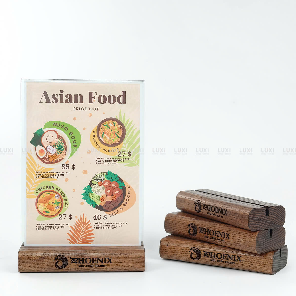 Menu Mica đế gỗ A4/A5/ đẹp, nhỏ nhắn - Luxi Decor