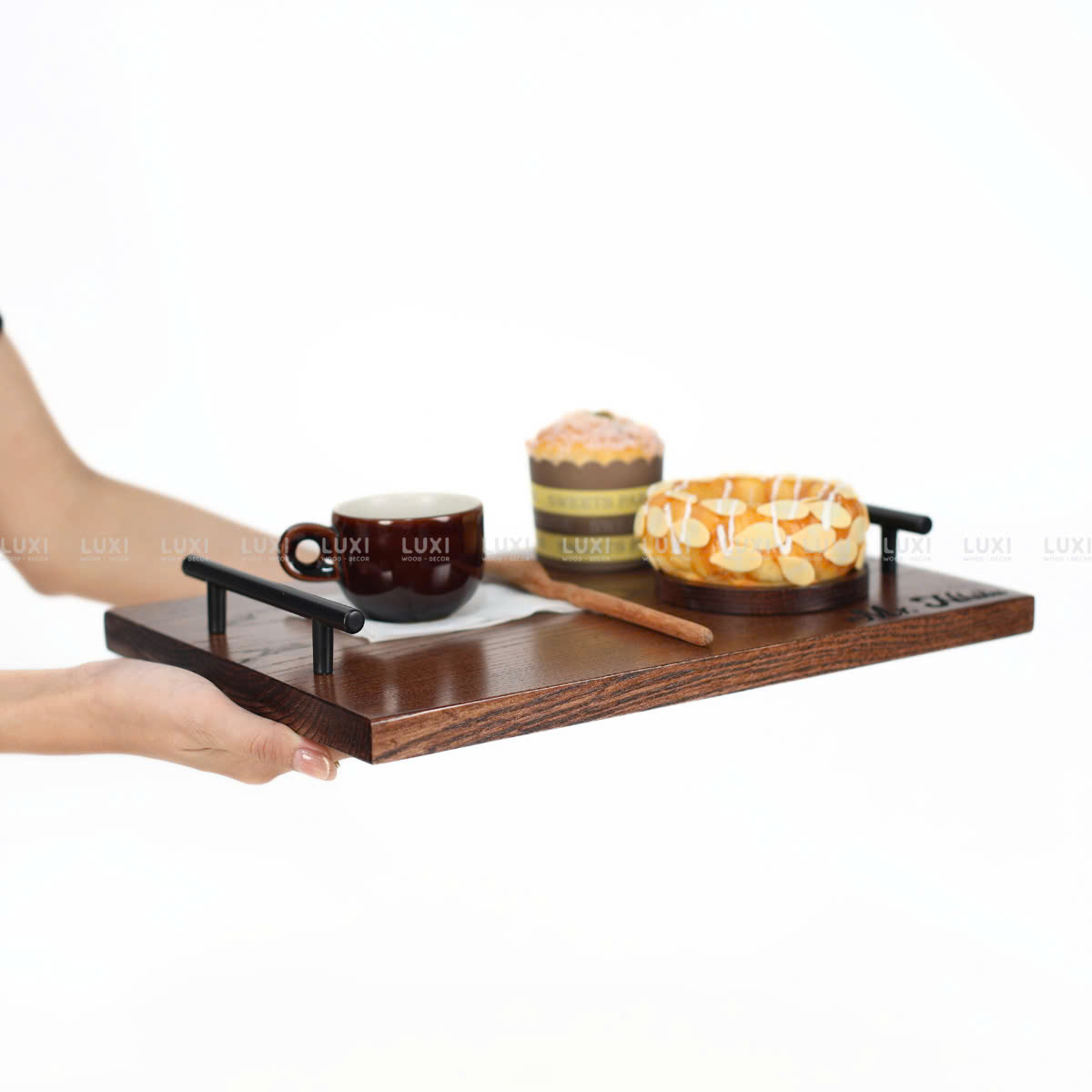 KHAY GỖ TAY CẦM KIM LOẠI INOX CAO CẤP - LUXI DECOR