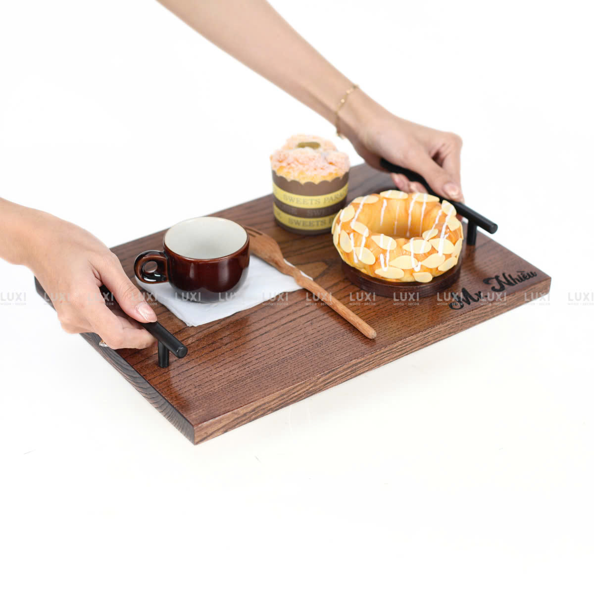 KHAY GỖ TAY CẦM KIM LOẠI INOX CAO CẤP - LUXI DECOR