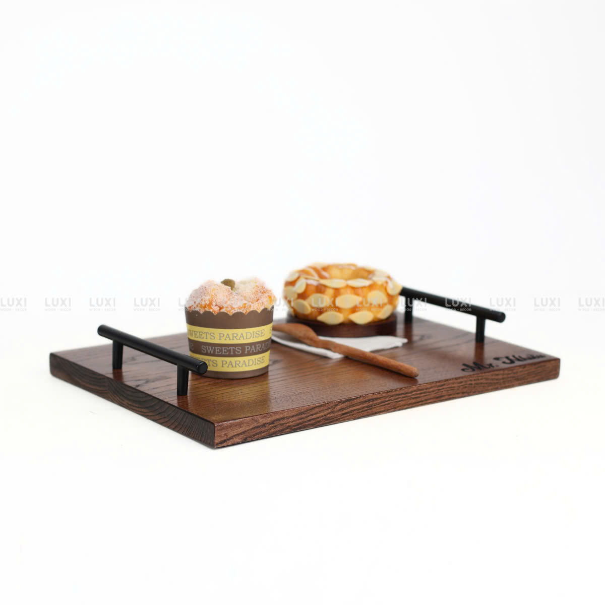 KHAY GỖ TAY CẦM KIM LOẠI INOX CAO CẤP - LUXI DECOR