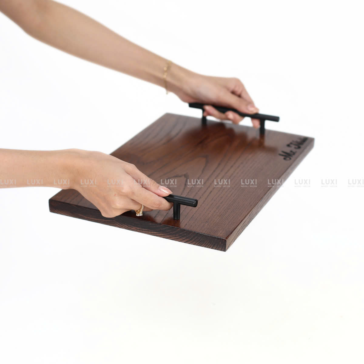 KHAY GỖ TAY CẦM KIM LOẠI INOX CAO CẤP - LUXI DECOR