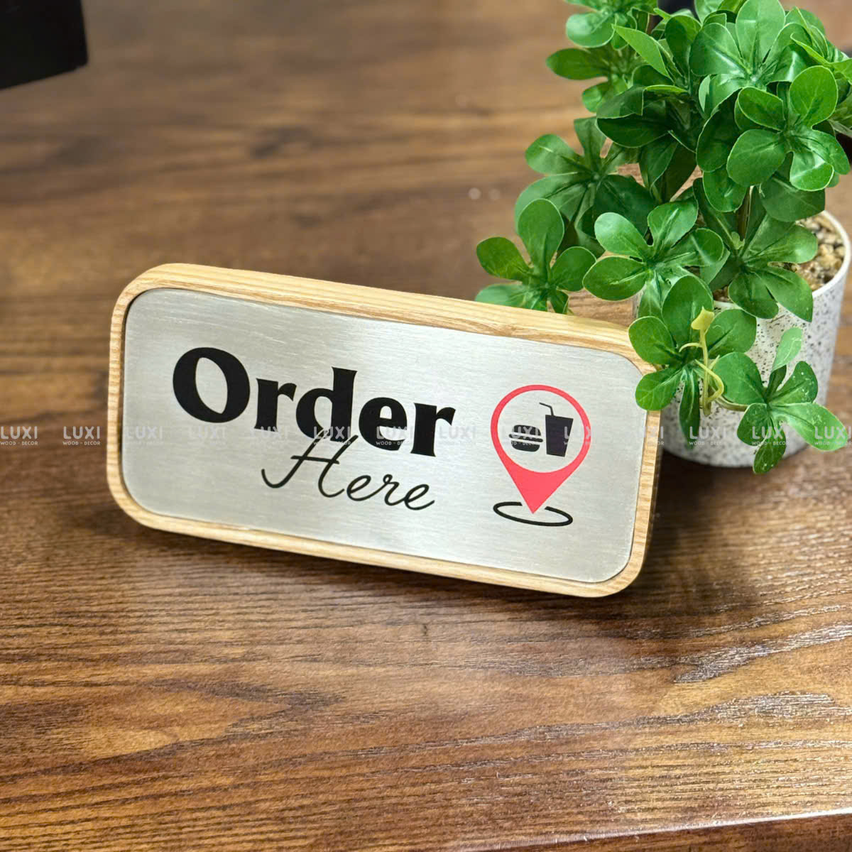 Bảng Gỗ Order Here, Bảng Trang Trí Tại Quầy, Inox 304 - Luxi Decor