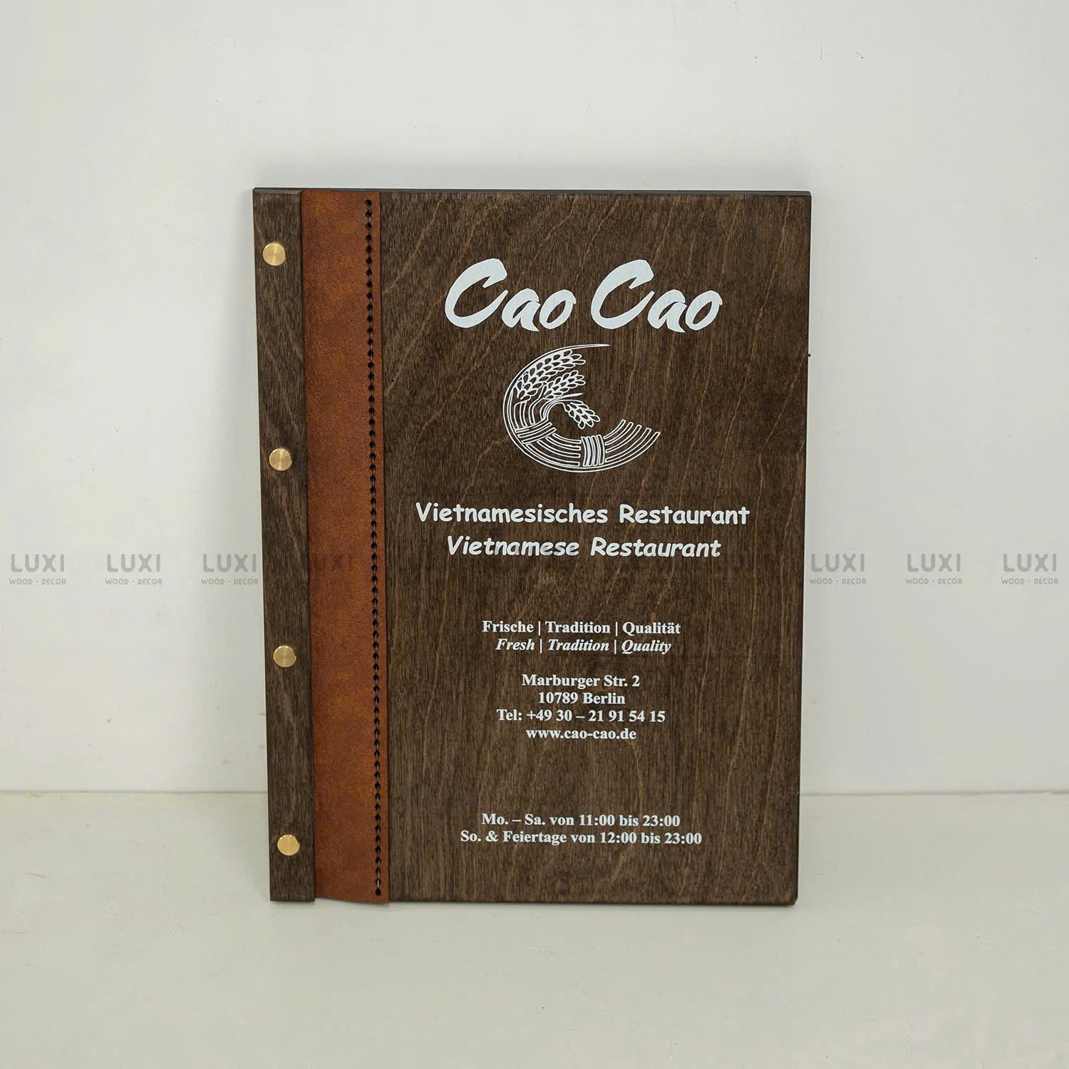 MENU GỖ MAY DA THỦ CÔNG HANDMADE FREE LOGO - LUXI DECOR