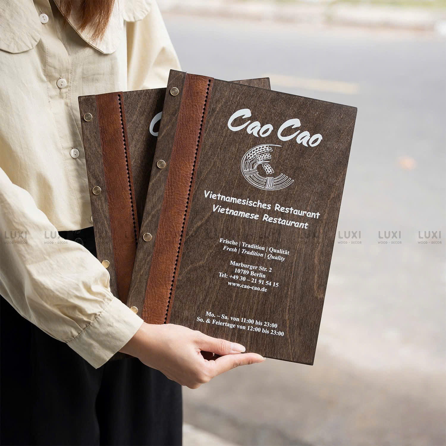 MENU GỖ MAY DA THỦ CÔNG HANDMADE FREE LOGO - LUXI DECOR