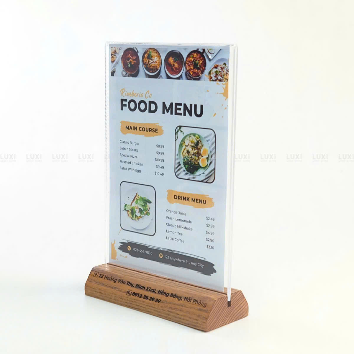 Menu Mica Cao Cấp Kèm Đế Gỗ Sồi - A4/A5/A6 - Free Khắc Logo