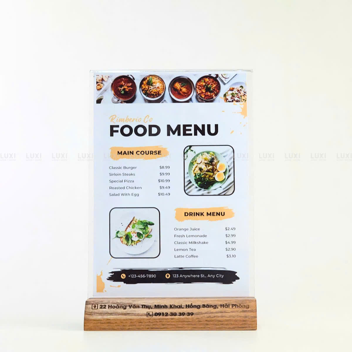 Menu Mica Cao Cấp Kèm Đế Gỗ Sồi - A4/A5/A6 - Free Khắc Logo