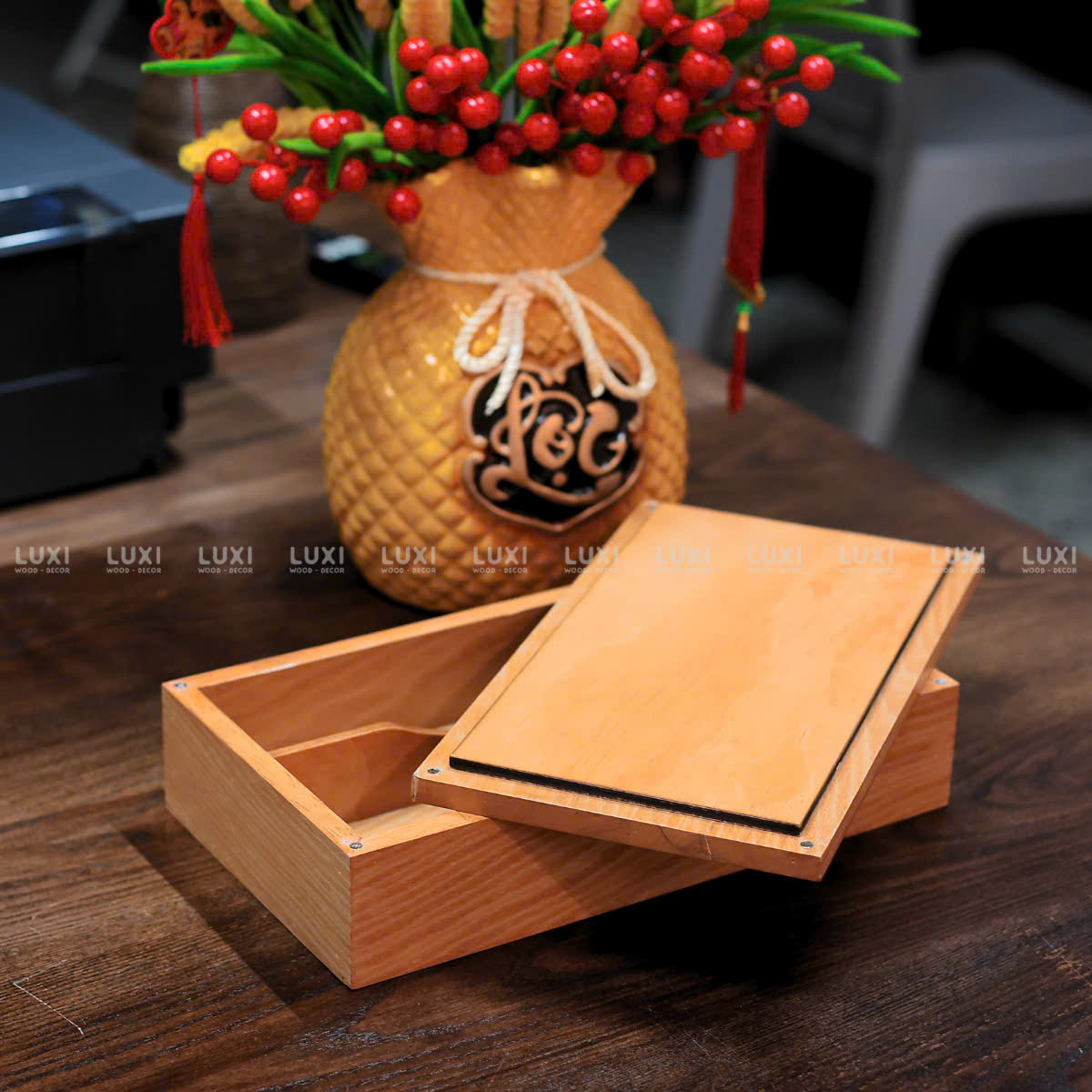 KHAY GỖ ĐỰNG ĐŨA – MUỖNG – NĨA 2 NGĂN - NẮP HÍT NAM CHÂM - LUXI DECOR