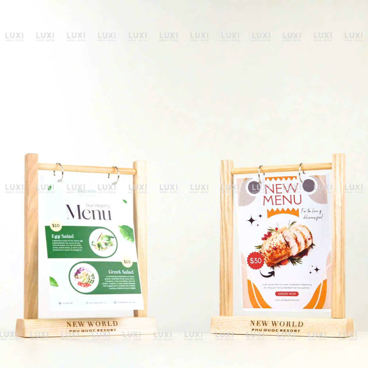 Giá Treo Menu A5 - Thanh Vuông Gỗ Sồi - Khắc Laser 2 Mặt - Luxi Decor