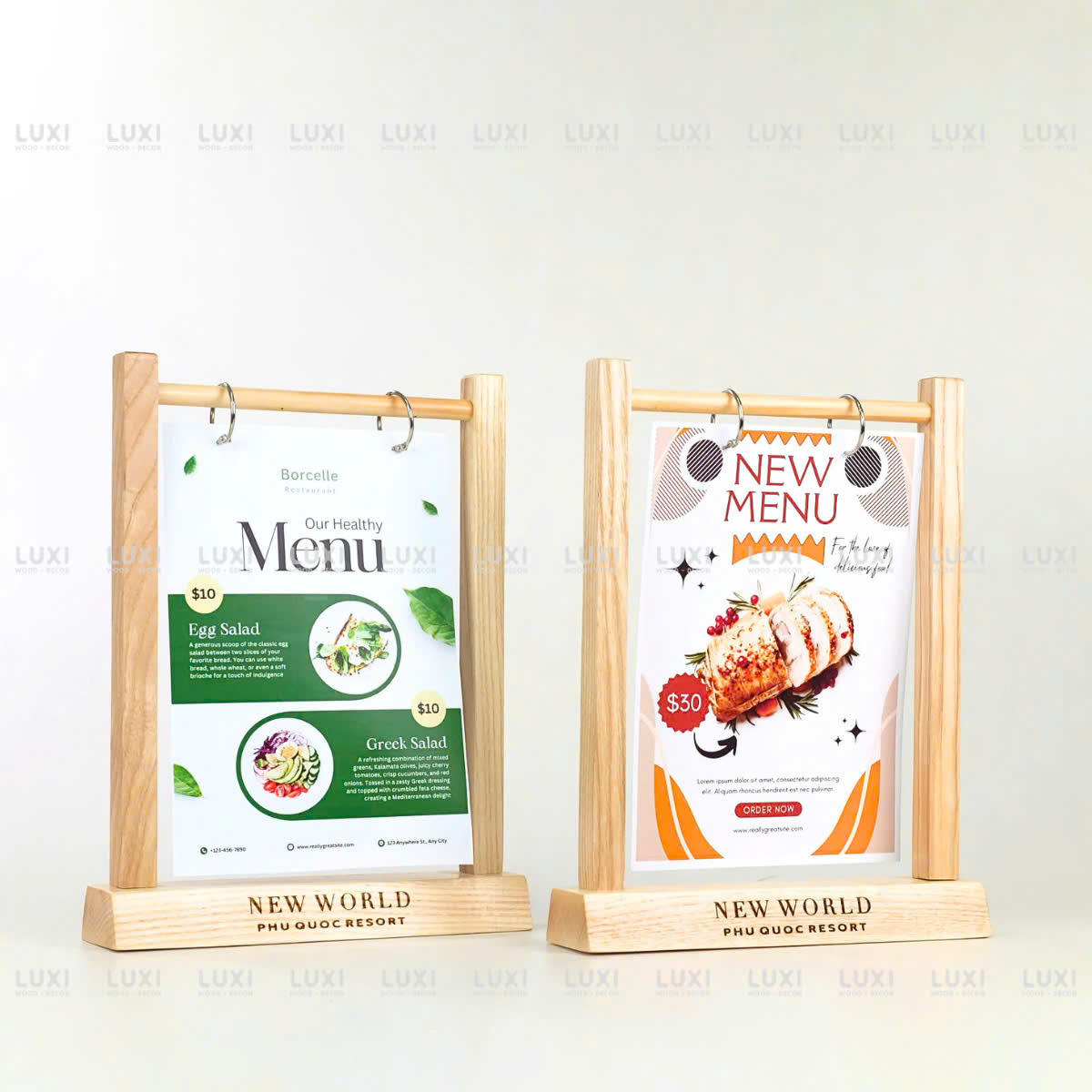 Giá Treo Menu A5 - Thanh Vuông Gỗ Sồi - Khắc Laser 2 Mặt - Luxi Decor