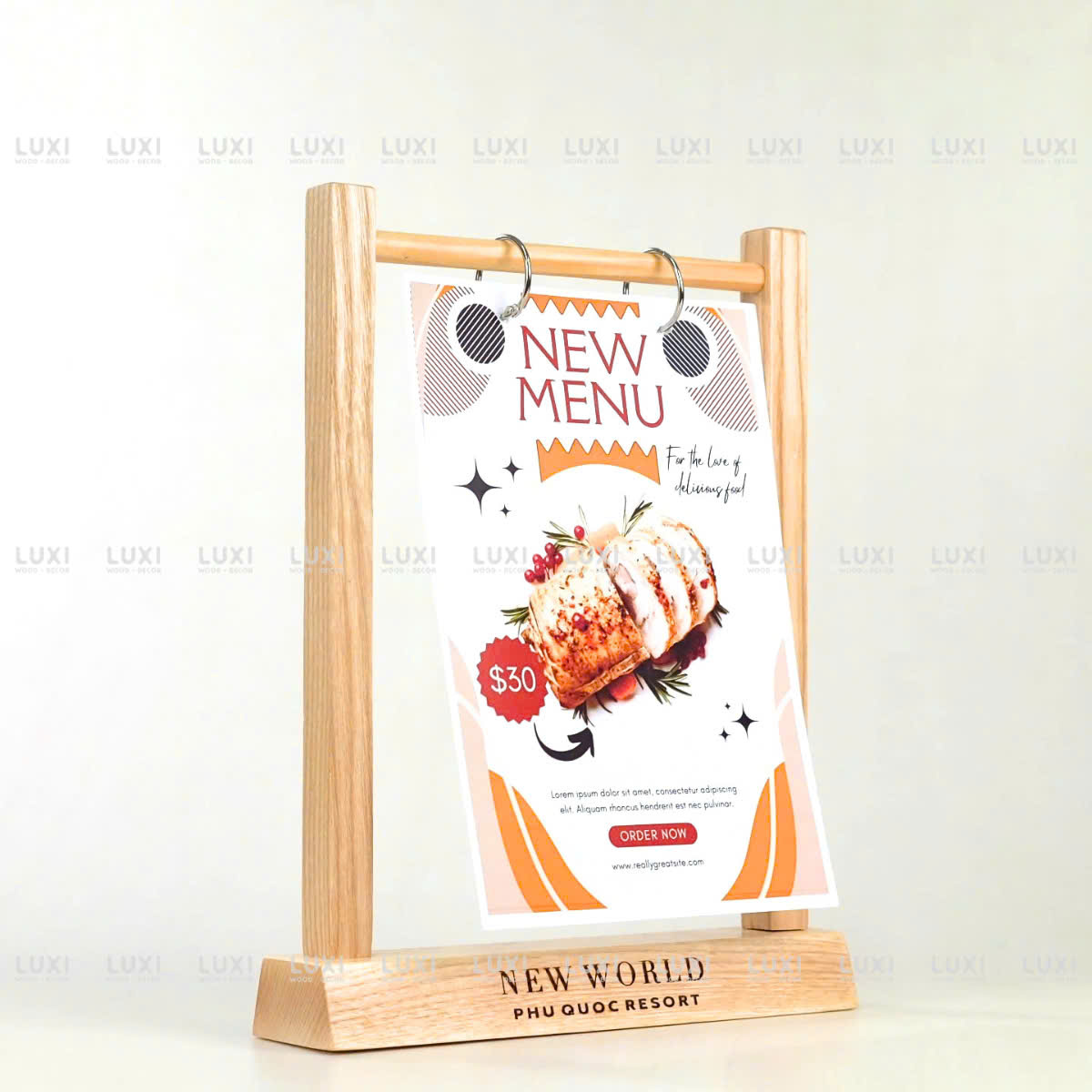 Giá Treo Menu A5 - Thanh Vuông Gỗ Sồi - Khắc Laser 2 Mặt - Luxi Decor