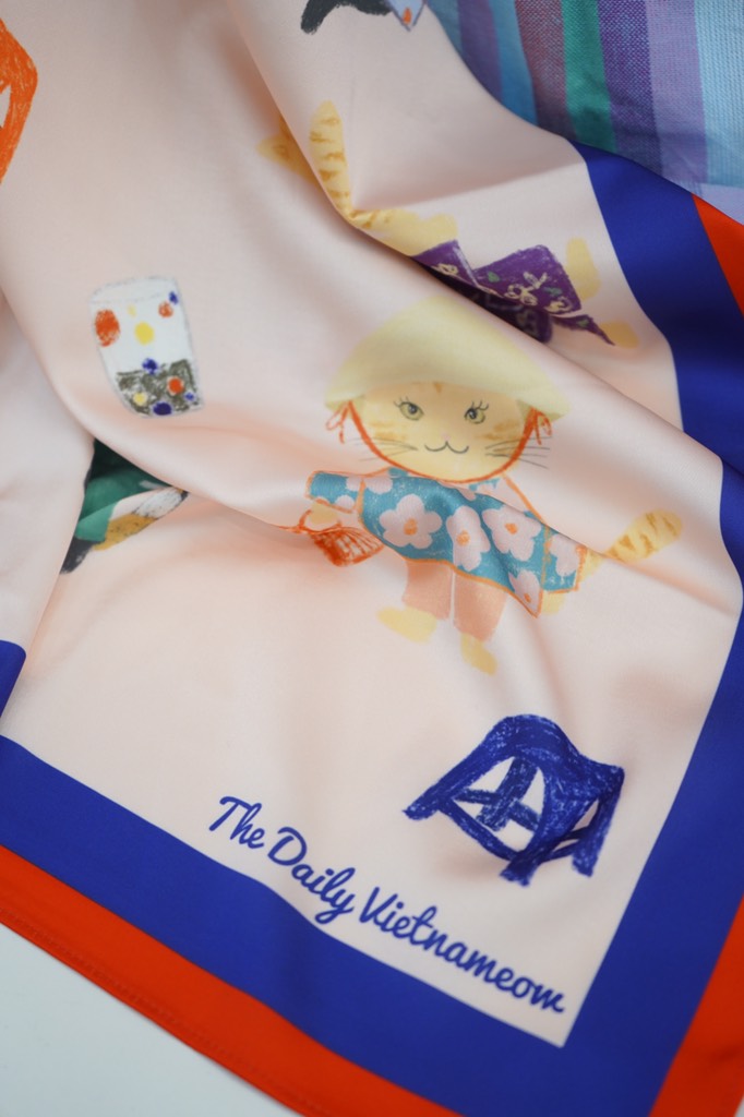 Khăn lụa vuông vietnameow Mai Lê x Líu Lô