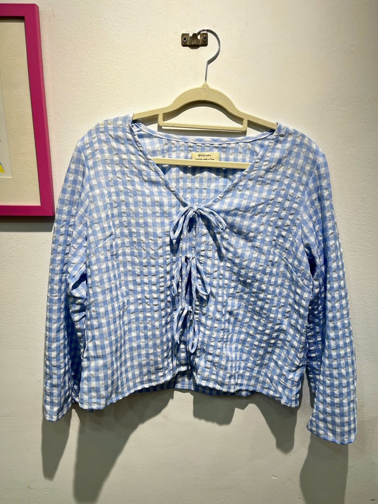 Áo tay dài cột nơ kẻ caro xanh blue Líu Lô 580