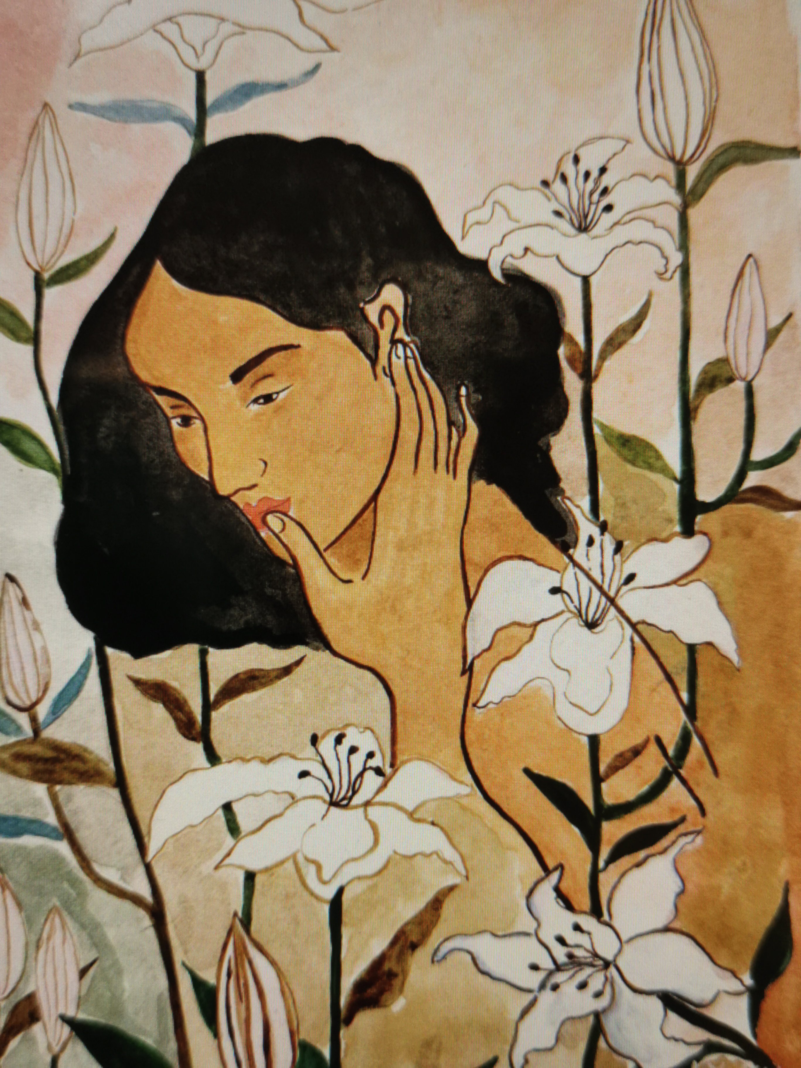 Tranh Ly Vu Woman with Lily flowers A4