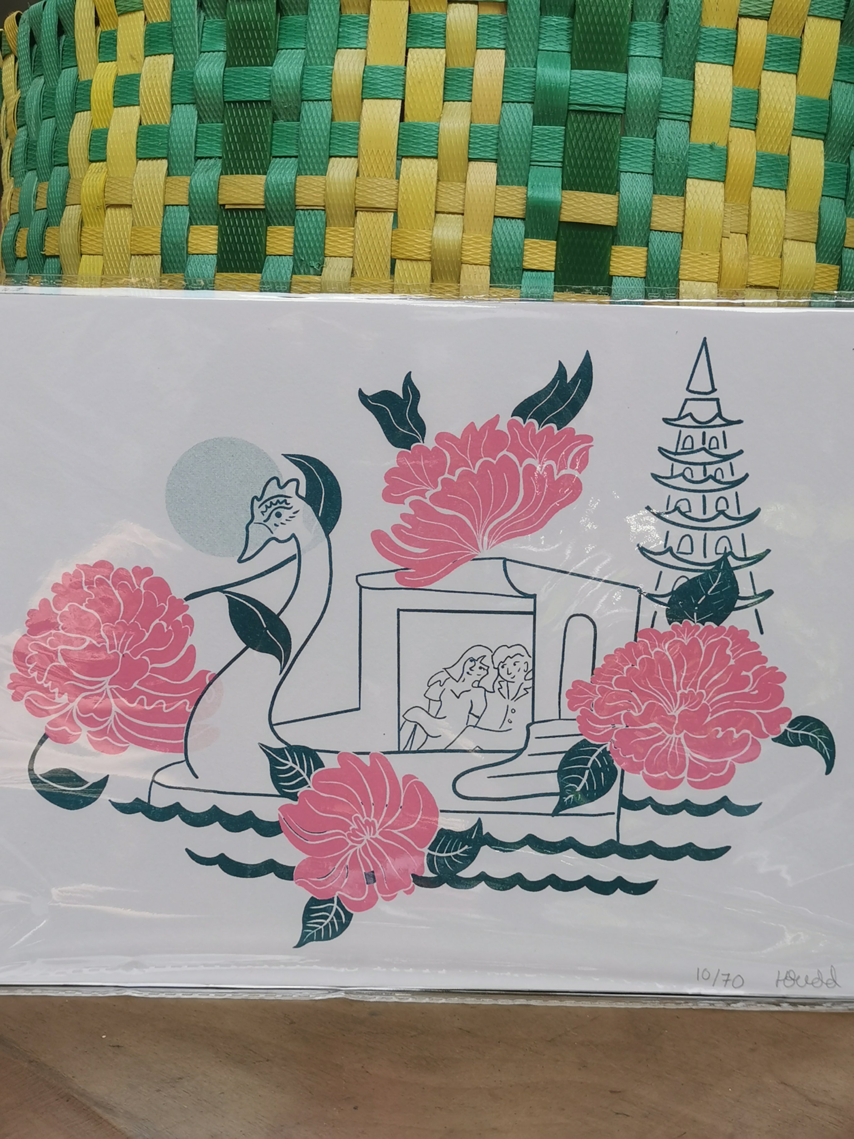 Tranh Hannah Budd Riso Pink/green swan