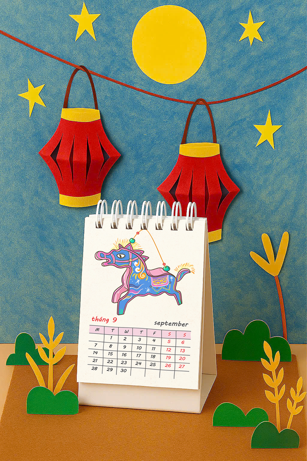 Lịch 2026 A7 Viet Folk Horses Posters Thingy