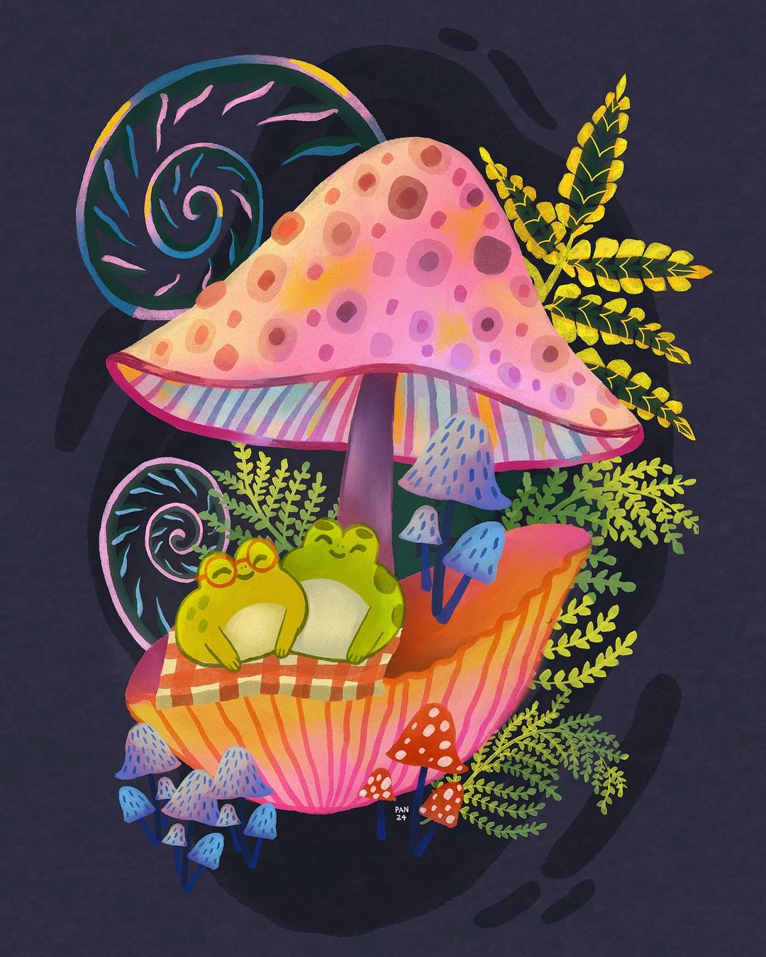 Tranh A4 Pan frogs and mushrooms