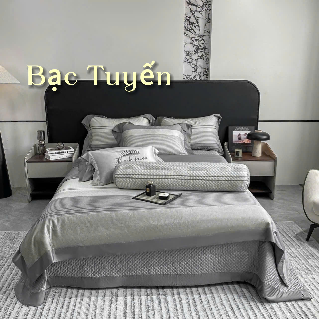 Bộ chăn ga gối lụa 100s Mark Jacob 5 món free size