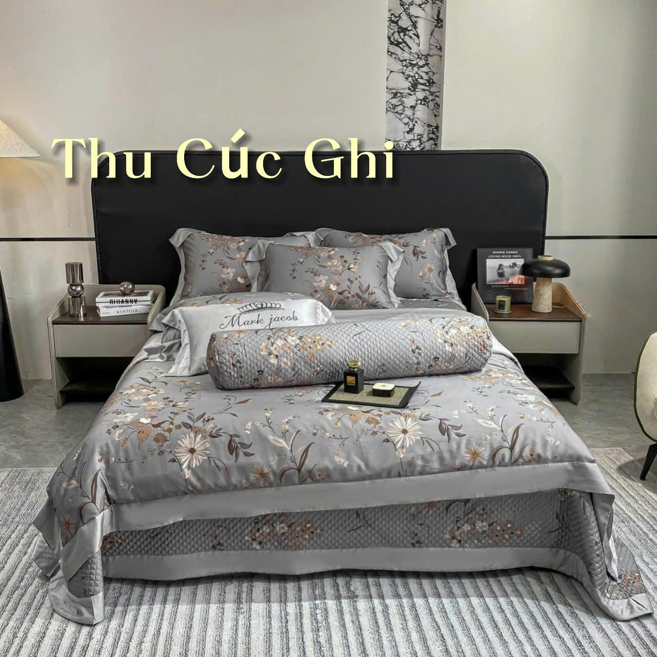 Bộ chăn ga gối lụa 100s Mark Jacob 5 món free size