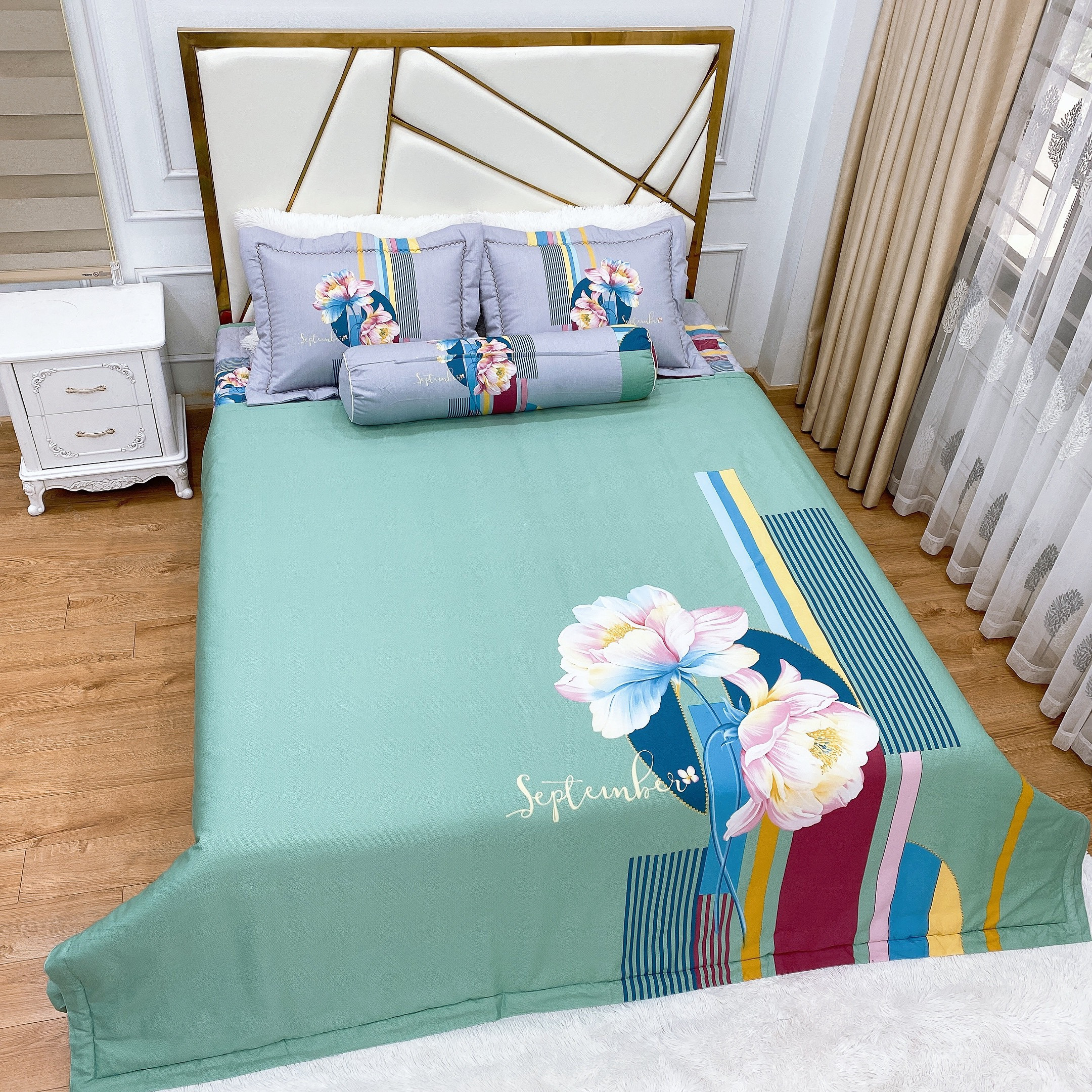 Bộ chăn ga gối phủ chần cotton living Hàn quốc 5 món free size