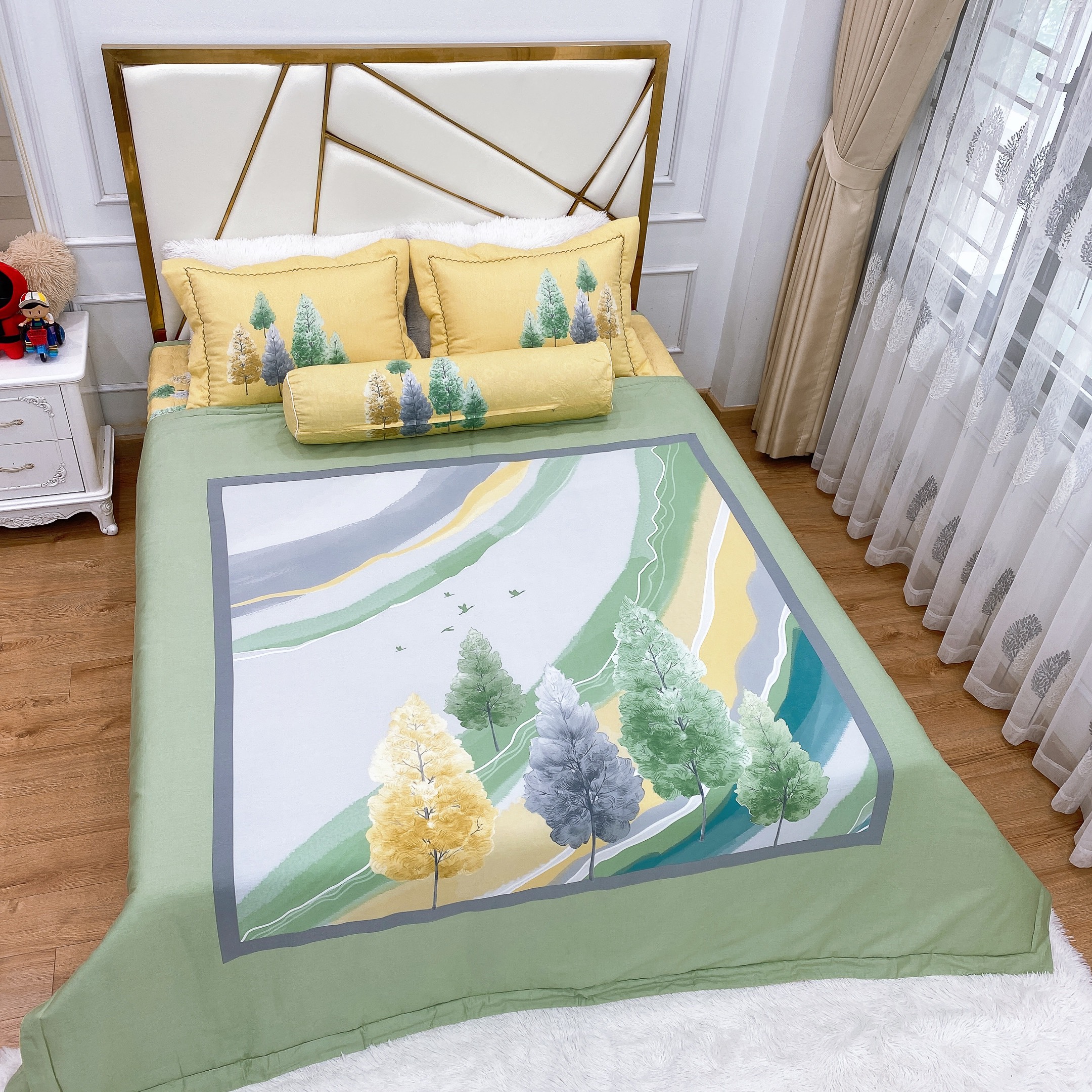 Bộ chăn ga gối phủ chần cotton living Hàn quốc 5 món free size