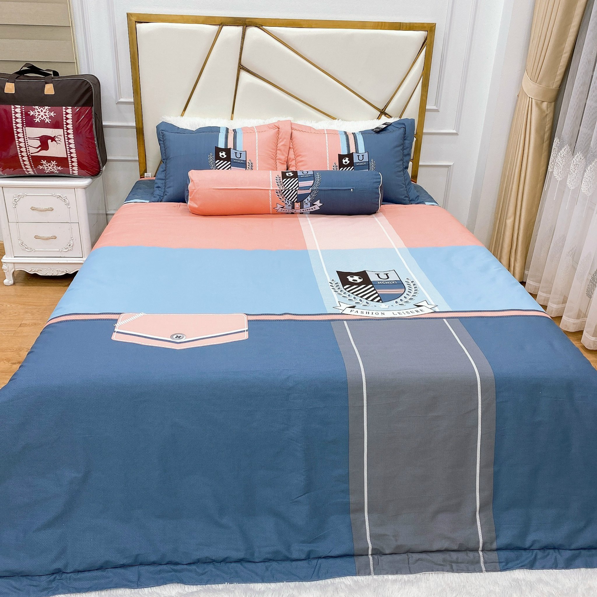 Bộ chăn ga gối phủ chần cotton living Hàn quốc 5 món free size