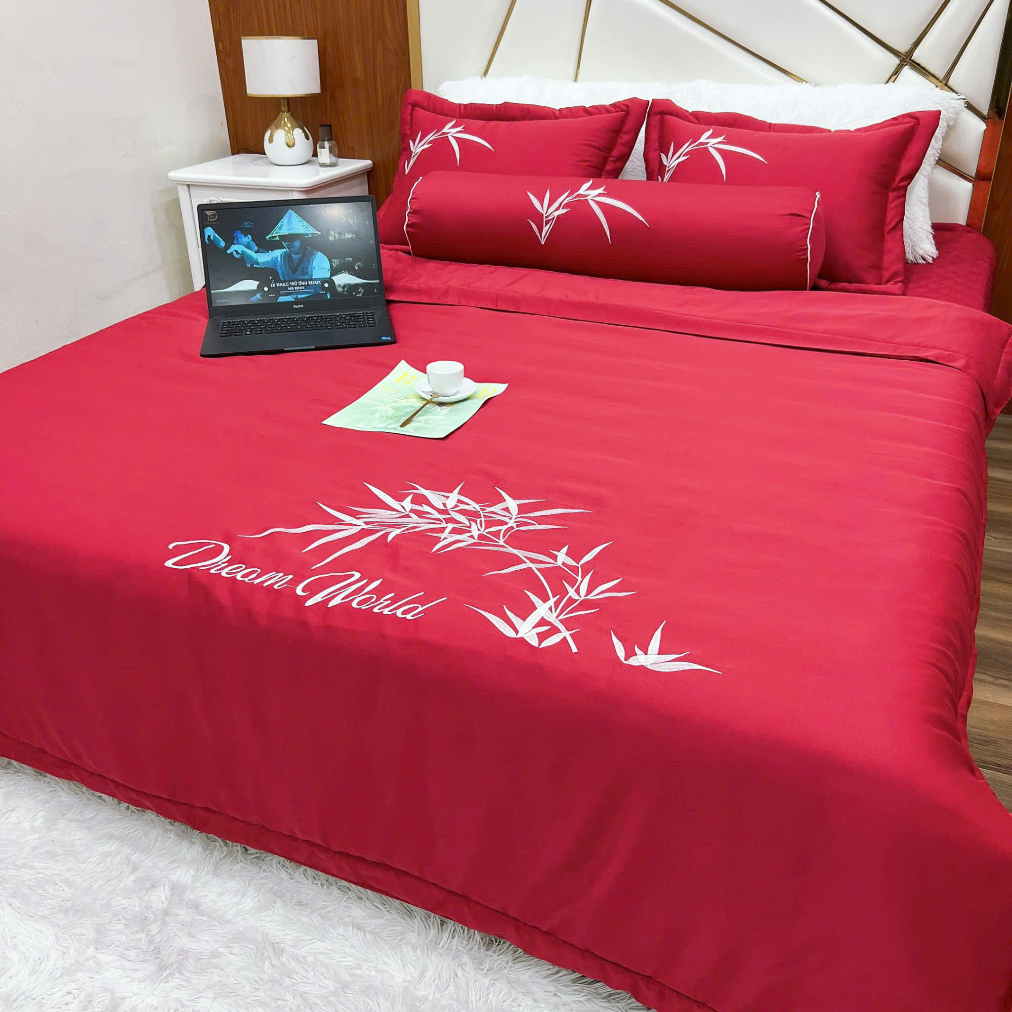 Bộ chăn ga gối phi lụa chần phủ 5 món