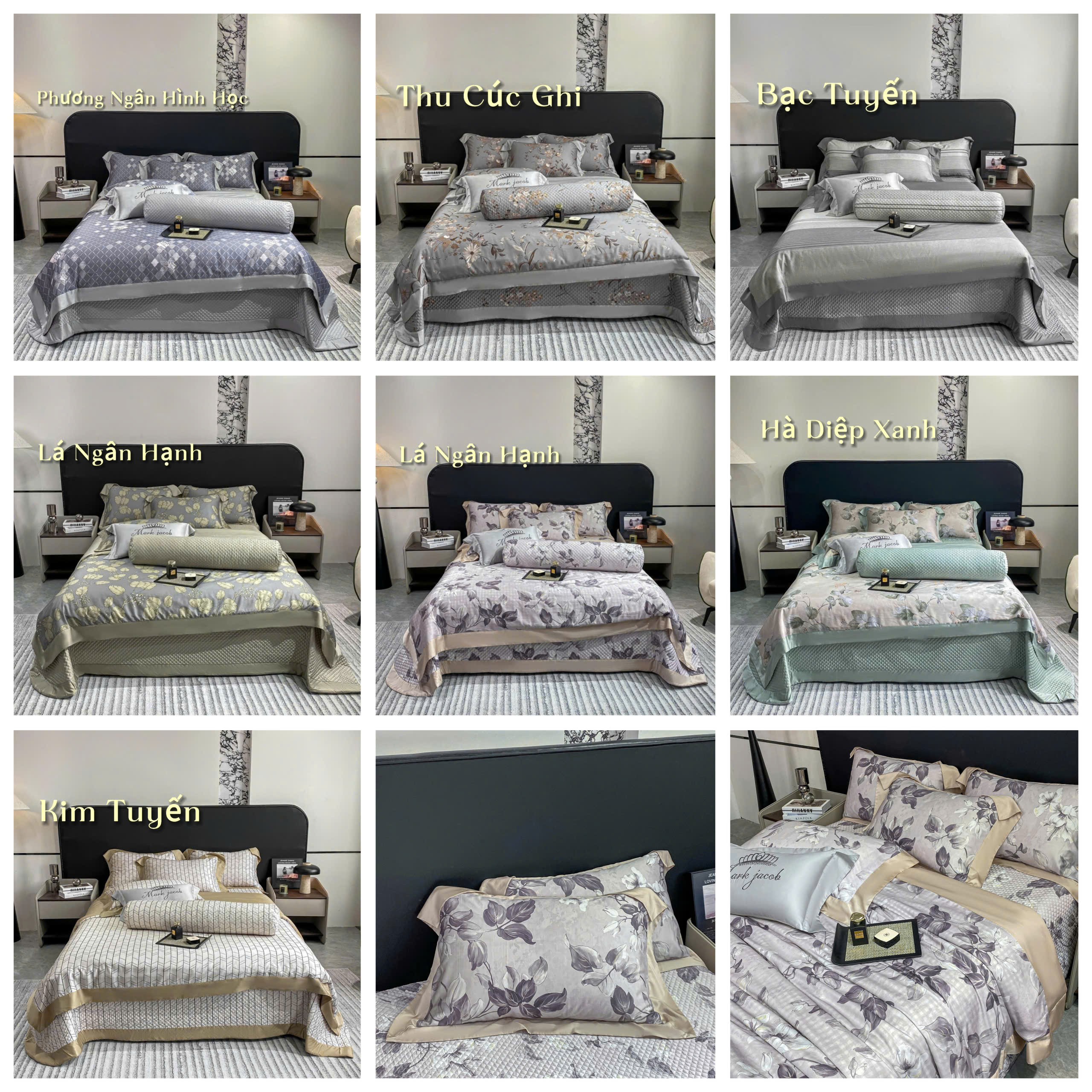 Bộ chăn ga gối lụa 100s Mark Jacob 5 món free size