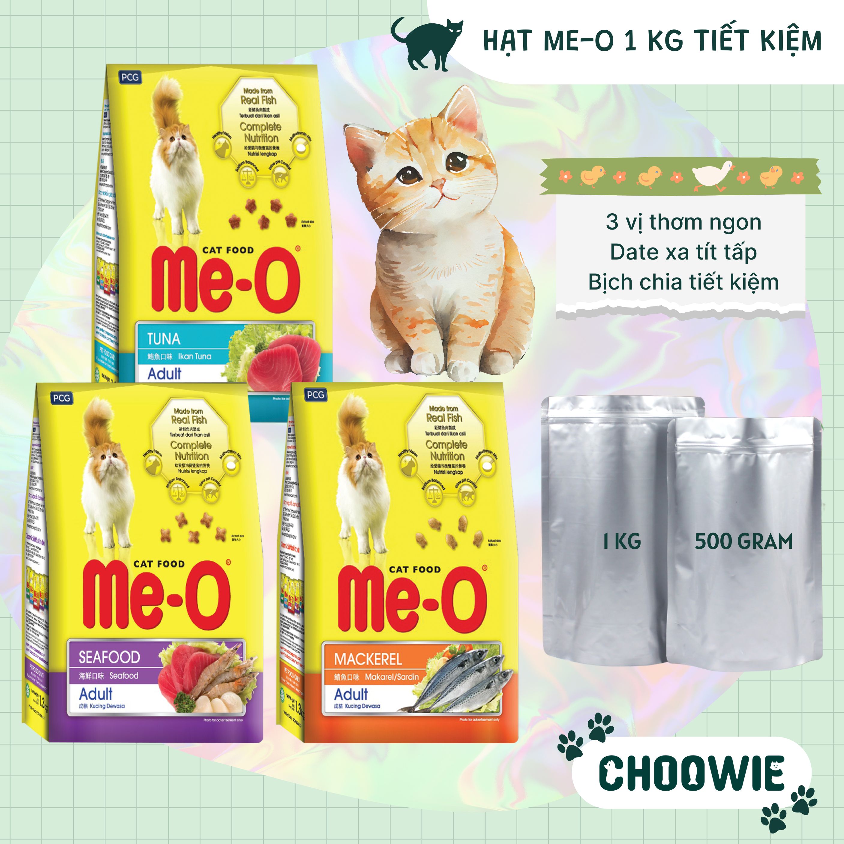 [Túi chia 1kg tiết kiệm] Hạt cho mèo Me-O 1 kg CÁ NGỪ, CÁ THU, HẢI SẢN || Thức ăn cho mèo