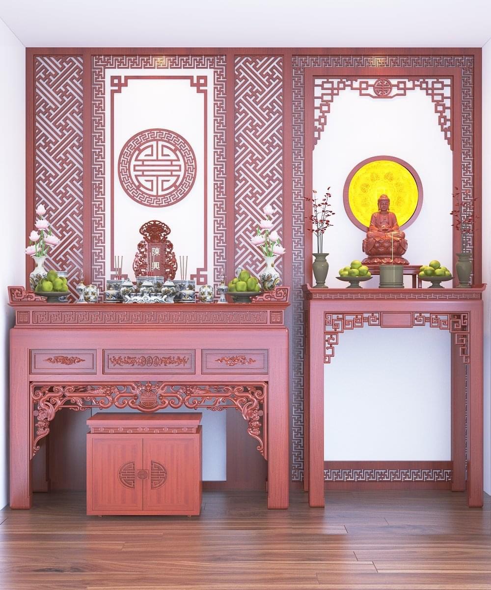Mẫu bàn thờ đôi nhị cấp thờ Phật và thờ gia tiên chung