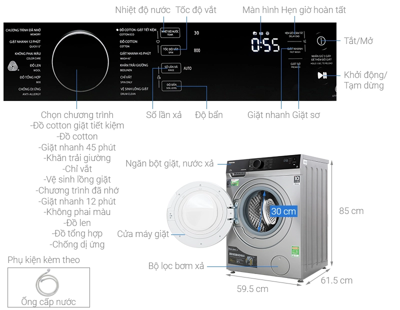 Máy giặt cửa ngang Toshiba 8,5kg xám TW-BH95M4V(SK)