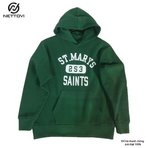 Áo Hoodie unisex form rộng có mũ chất bỉ bông - Xanh lá đậm