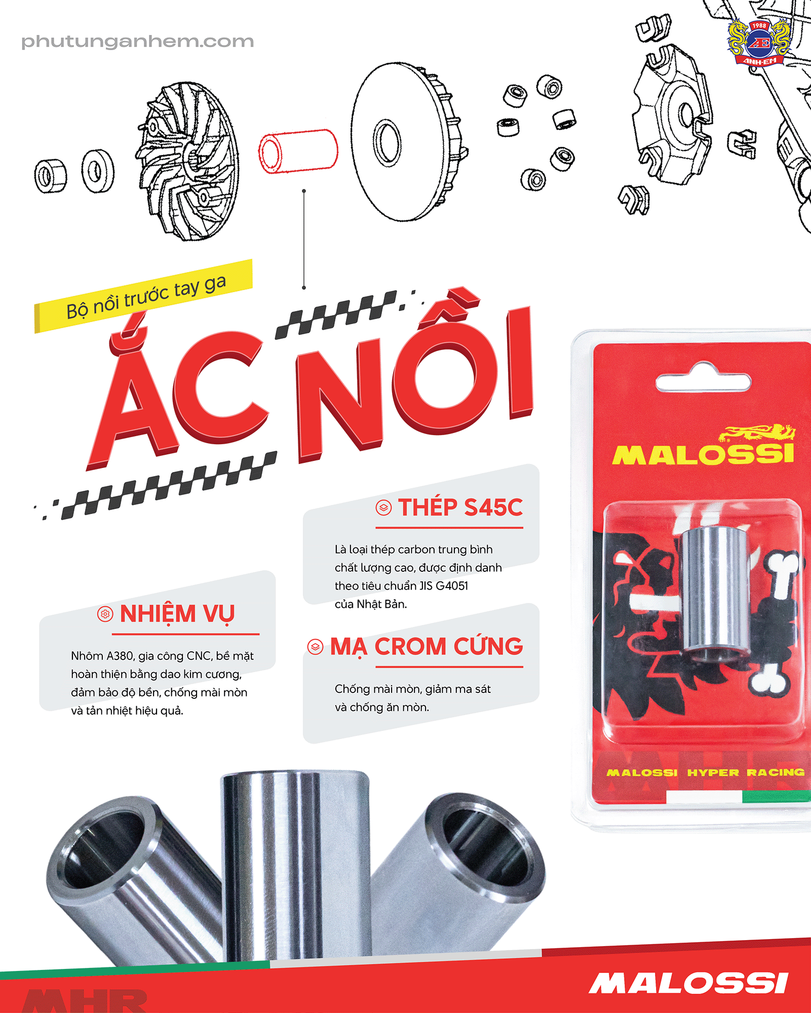 Ắc Nồi Malossi: Chìa khóa vàng cho bộ nồi xe tay ga mượt mà, bền bỉ.