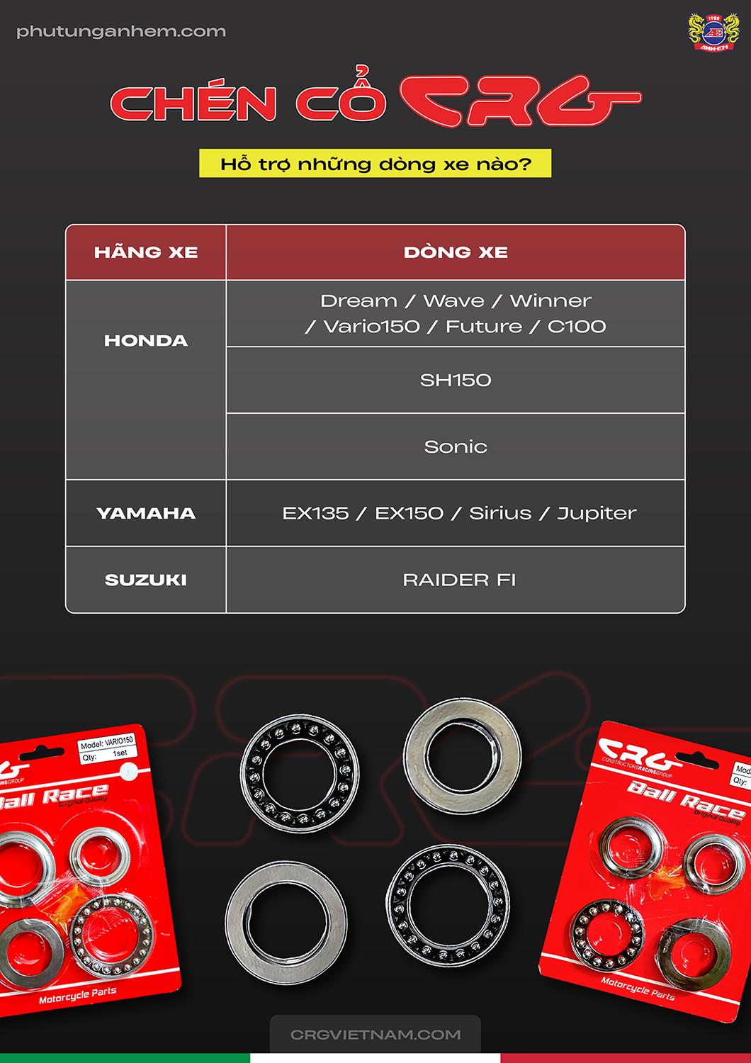 Chén cổ hợp kim thép CRG chịu lực bền bỉ và tương thích nhiều dòng xe Yamaha và Honda