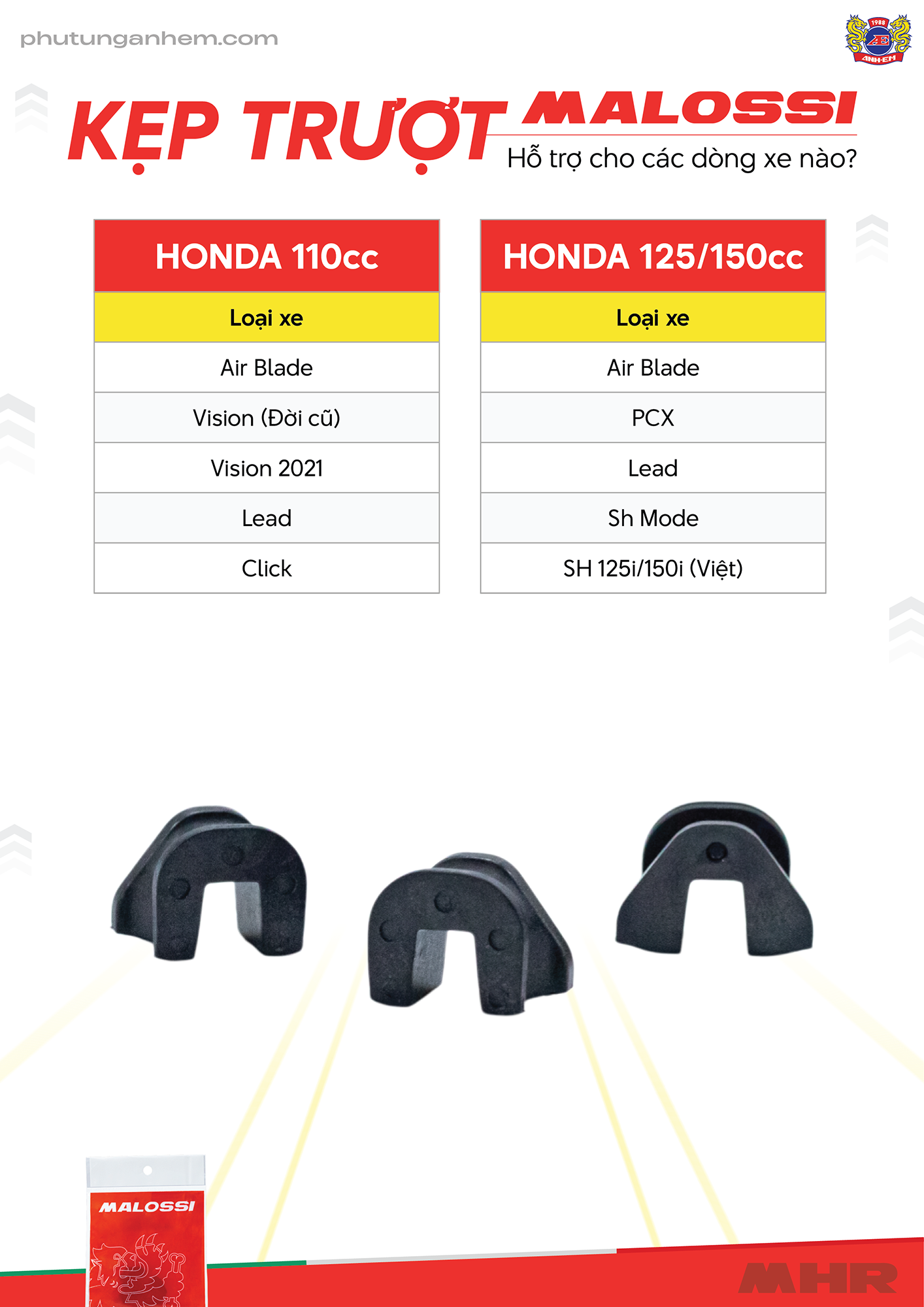 Kẹp trượt nhựa chính hãng Malossi phù hợp với nhiều dòng xe Honda tại Việt Nam