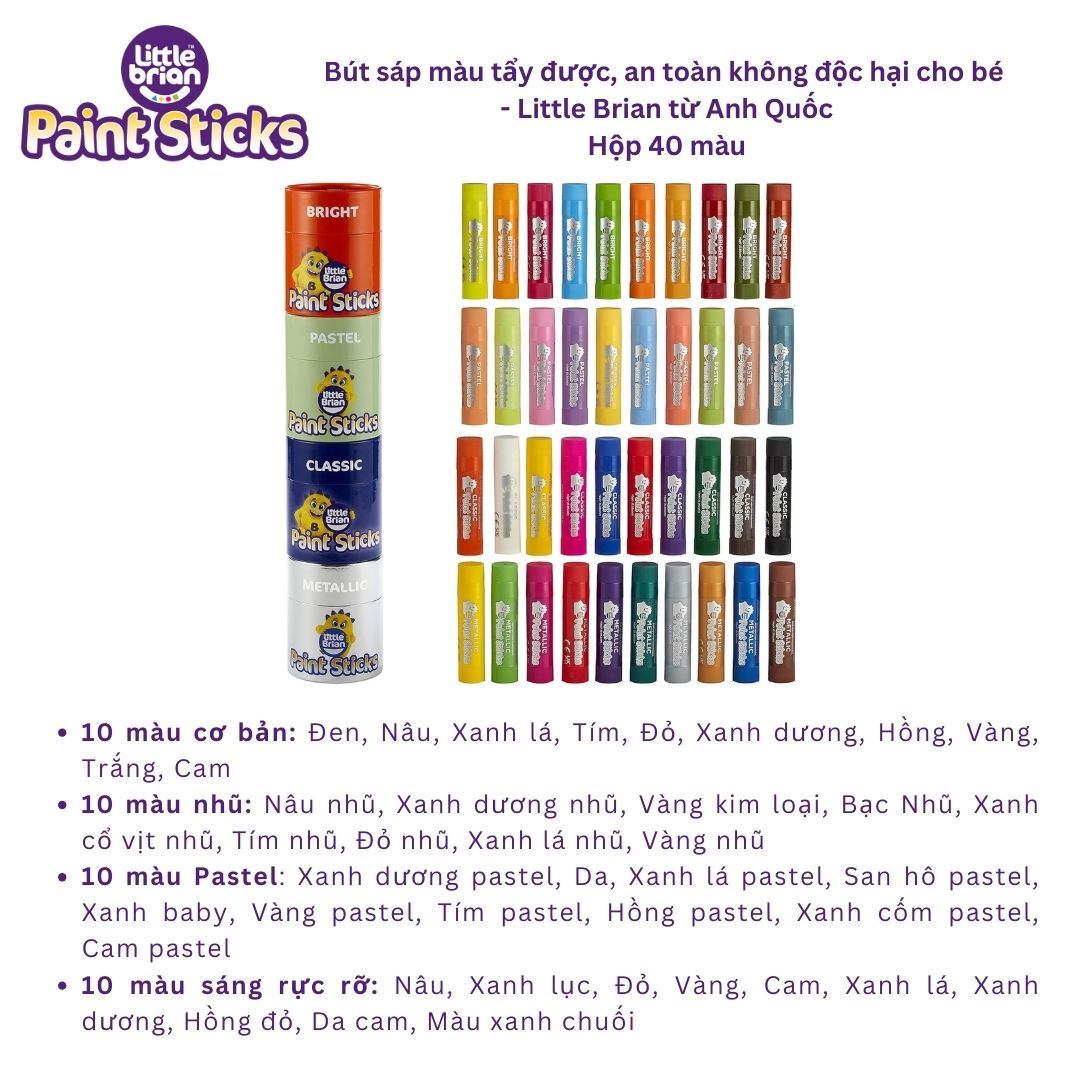 Bút sáp màu tẩy được có hộp phân loại thành 4 nhóm màu Little Brian - 40 màu từ Anh Quốc