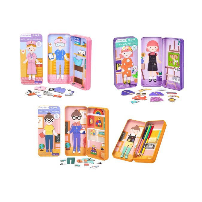 Hộp bút kèm mảnh ghép hình nam châm - Chủ đề Nghề nghiệp bé gái (Combo 3 hộp)